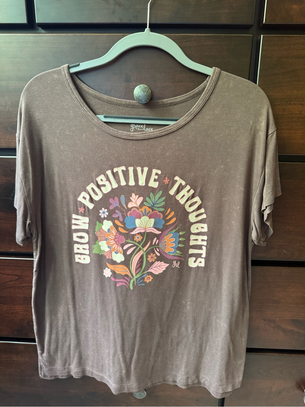 Grace & Lace Brown Floral 'Grow Positive Thoughts' Short Sleeve Tee